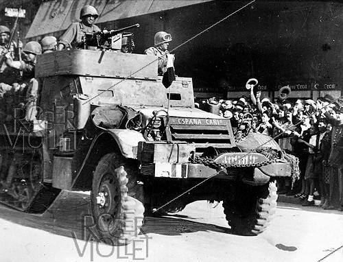 World War II. Liberation of Paris. "Espana Cani" half-track from the 2nd Armored Division commanded by General Leclerc, August 1944.