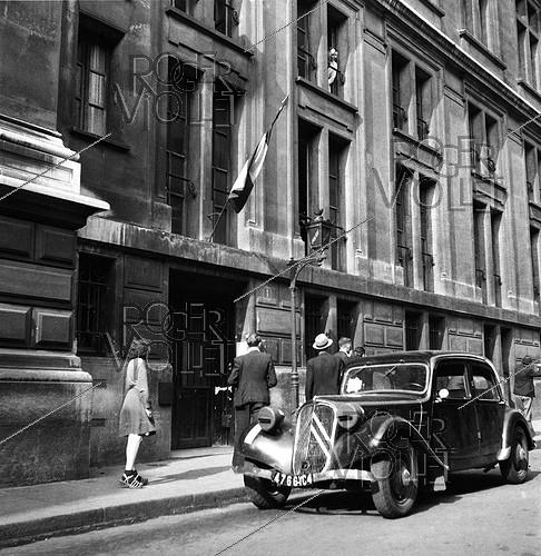 World War II. Liberation of Paris. Flag on a police station in the 10th arrondissement. August 1944.