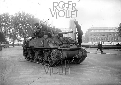 World War II. Liberation of Paris. The "Champaubert", Sherman tank from the 2nd Armored Division commanded by General Leclerc, that arrived first at the Paris City Hall, August 1944.